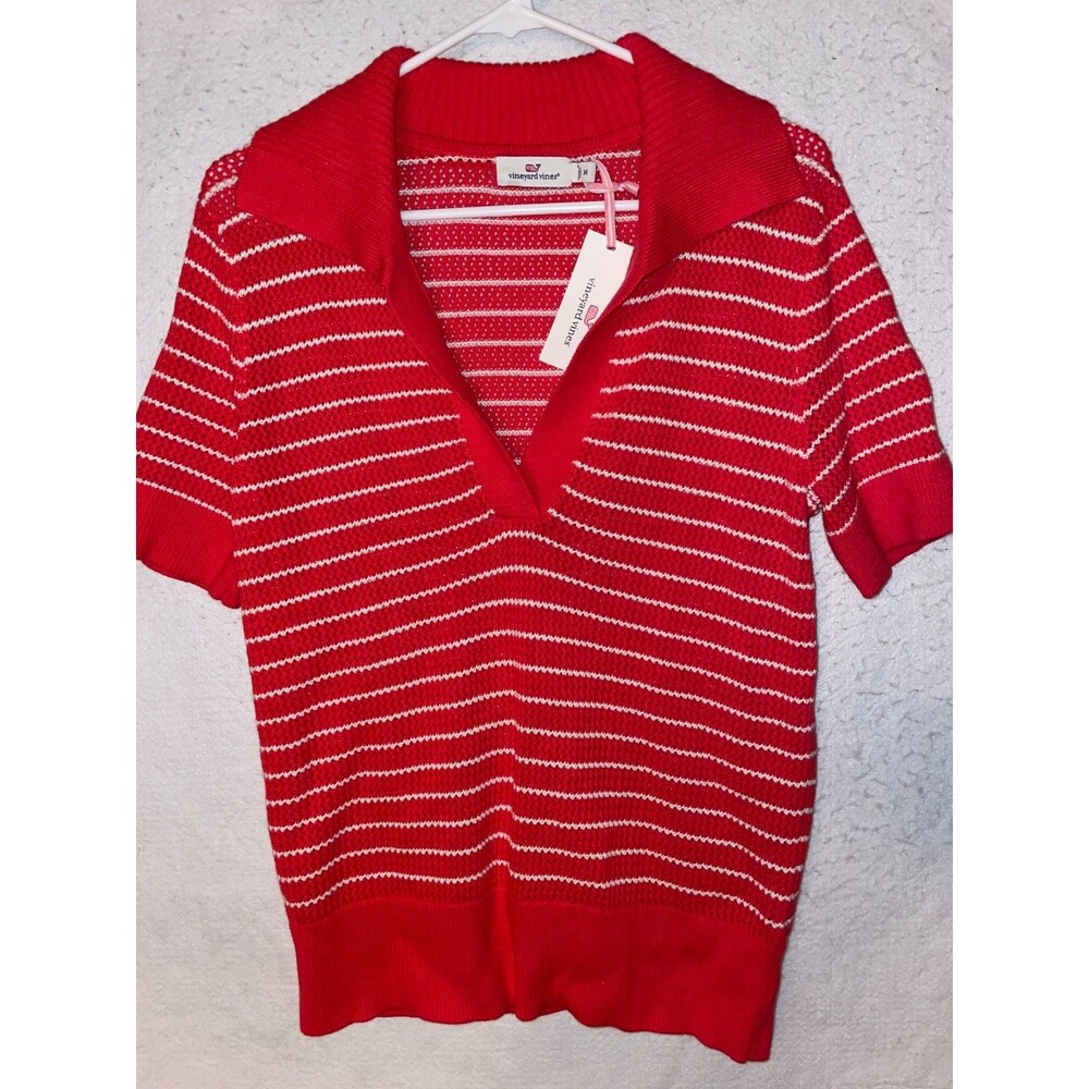 Vineyard Vines Polo Short Sleeve Sweater Top Red Striped Womens M Crochet V-neck